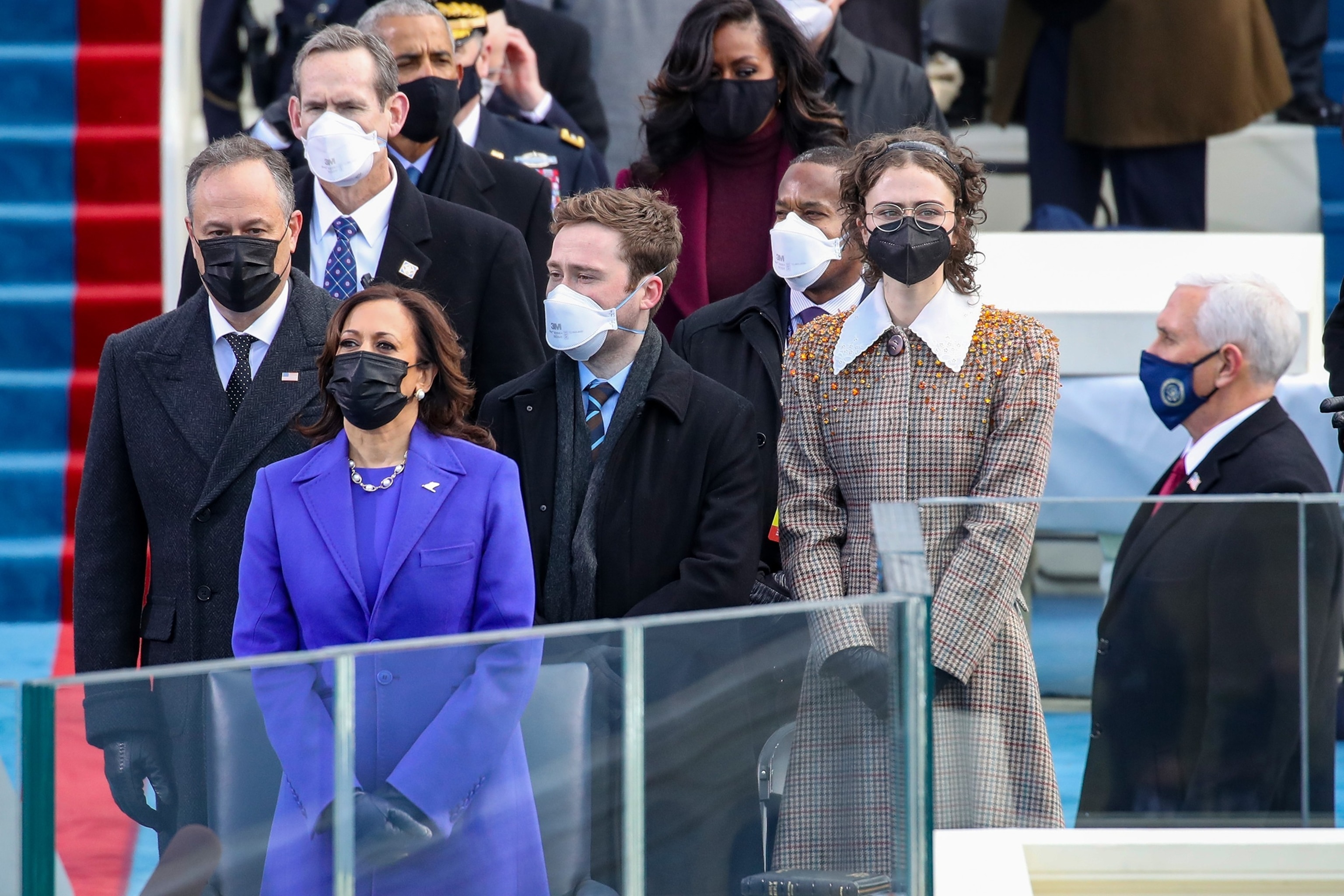 PHOTO: Doug Emhoff, Vice President Elect Kamala Harris, Cole Emhoff, Ella Emhoff, and Vice President Mike Pence stand at the inauguration of President-elect Joe Biden in Washington, DC, Jan. 20, 2021.