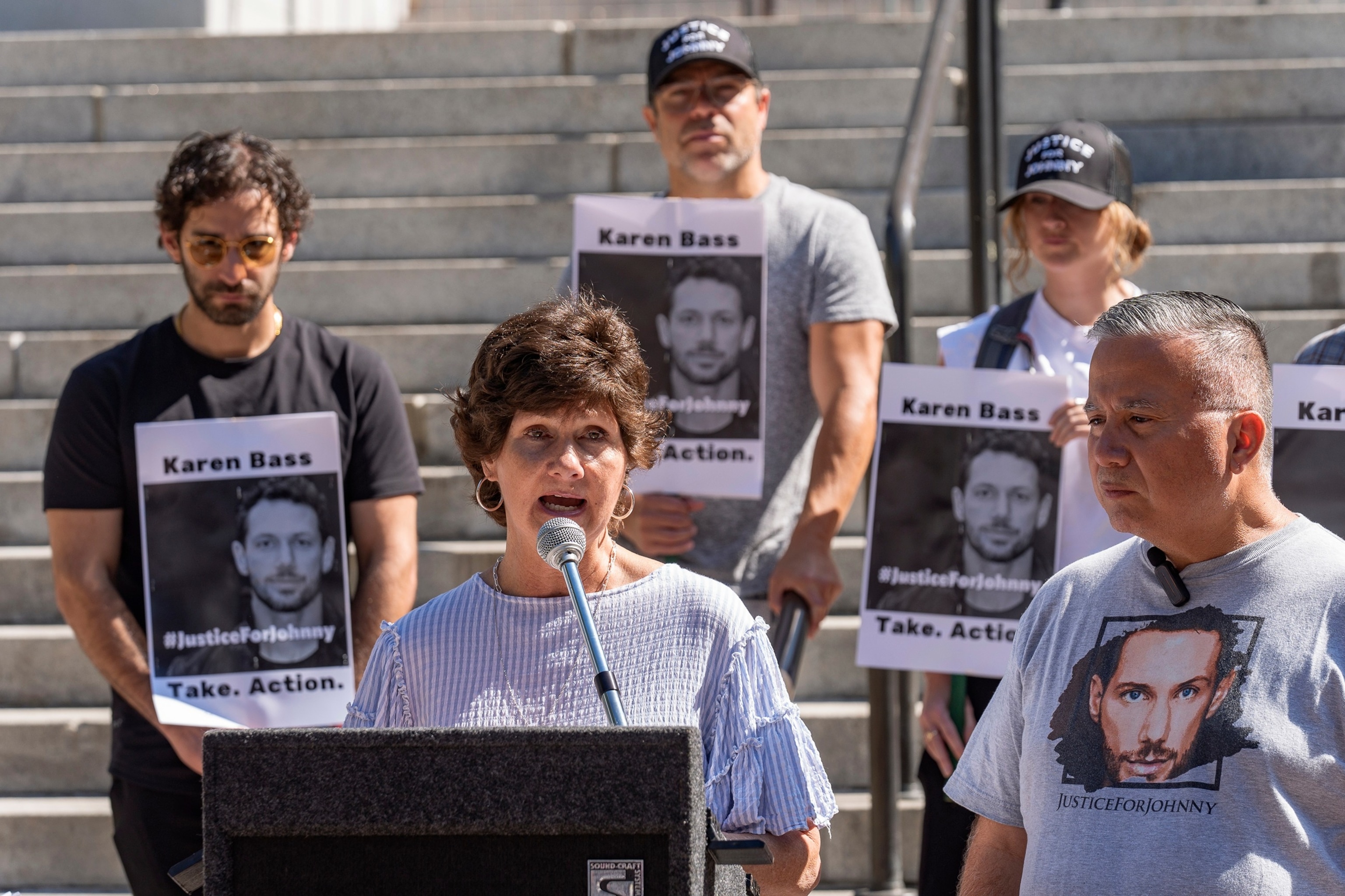 PHOTO: Scarlett Wactor, the mother of late actor Johnny Wactor, speaks during a news conference outside Los Angeles City Hall in Los Angeles, Tuesday, Aug. 13, 2024, asking to help find the suspects that murdered the former "General Hospital" actor.